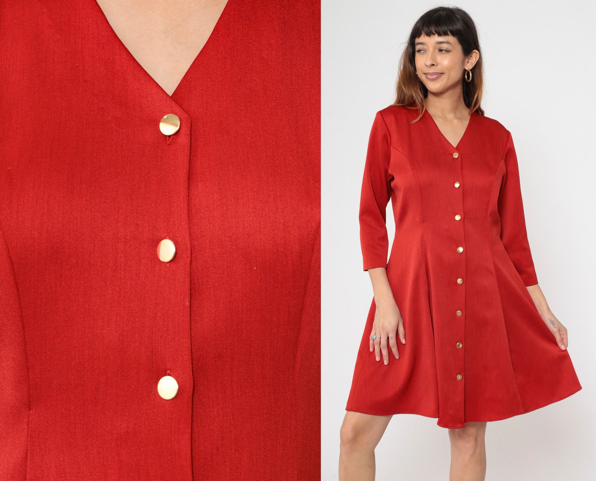 80s Red Button-Up Shirtdress V-Neck Princess Seam Flare Large