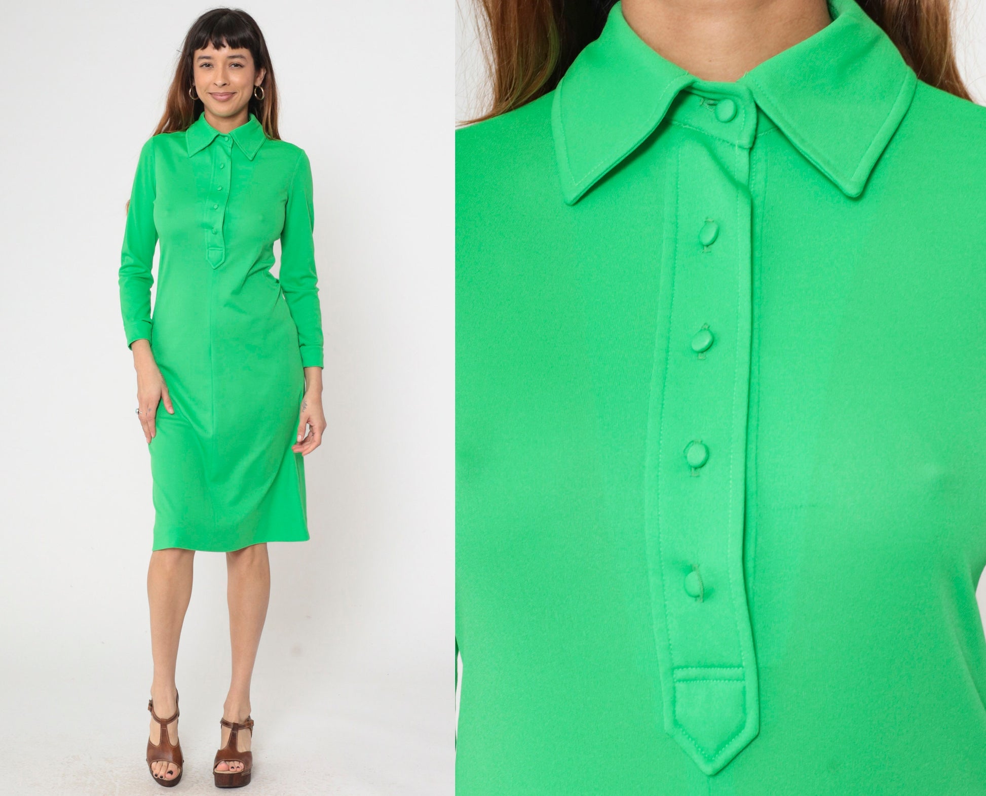 1970s Saks Fifth Avenue Lime Green Mod Shift Dress Collar Long Sleeve Small