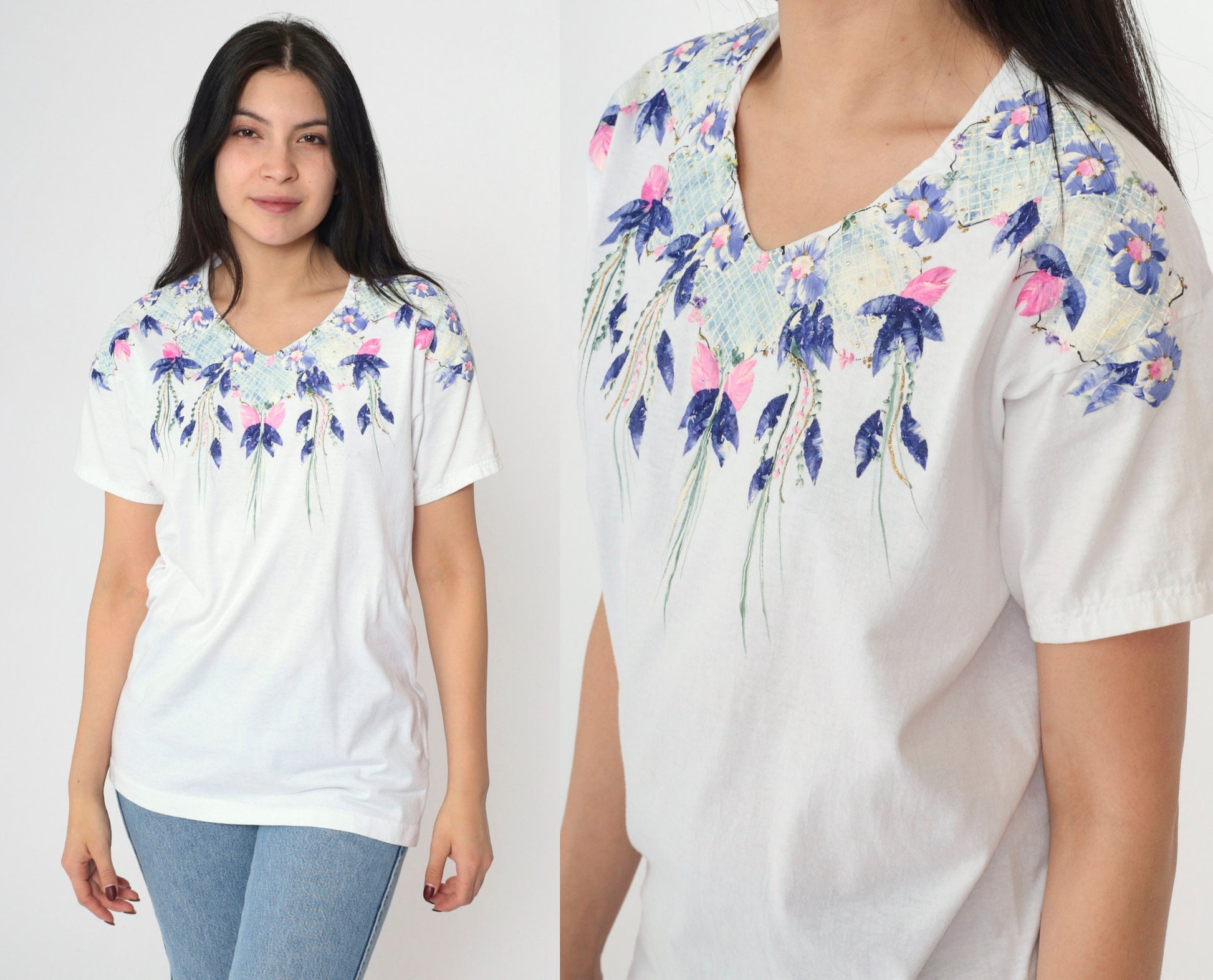 90s Floral Graphic T-Shirt White Metallic Gold Studs Single Stitch Small