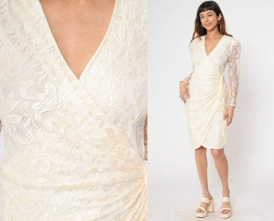 80s Ivory Lace Wrap Dress V-Neck Long Sleeve Sheath Knee-Length Small