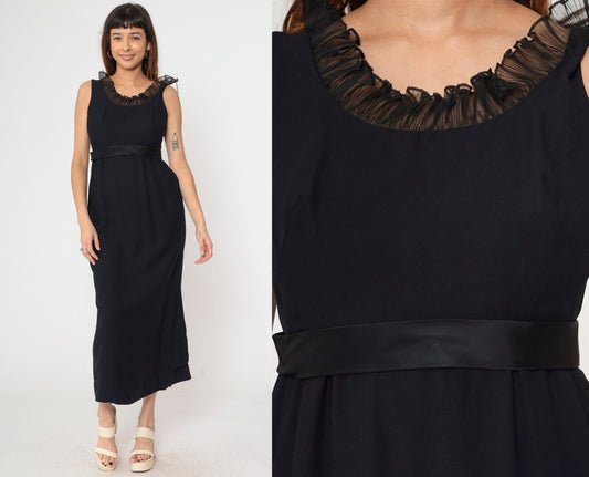 60s Black Empire Waist Maxi Dress Ruffled Neckline Satin Bow Small