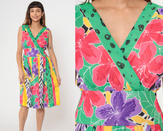 80s Melissa Lane Floral Stripe Midi Dress Smocked Waist V-Neck Small Medium