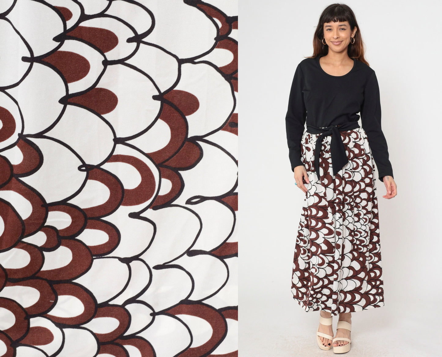70s Psychedelic Brown White Maxi Dress A-Line High Waist Long Sleeve Large L