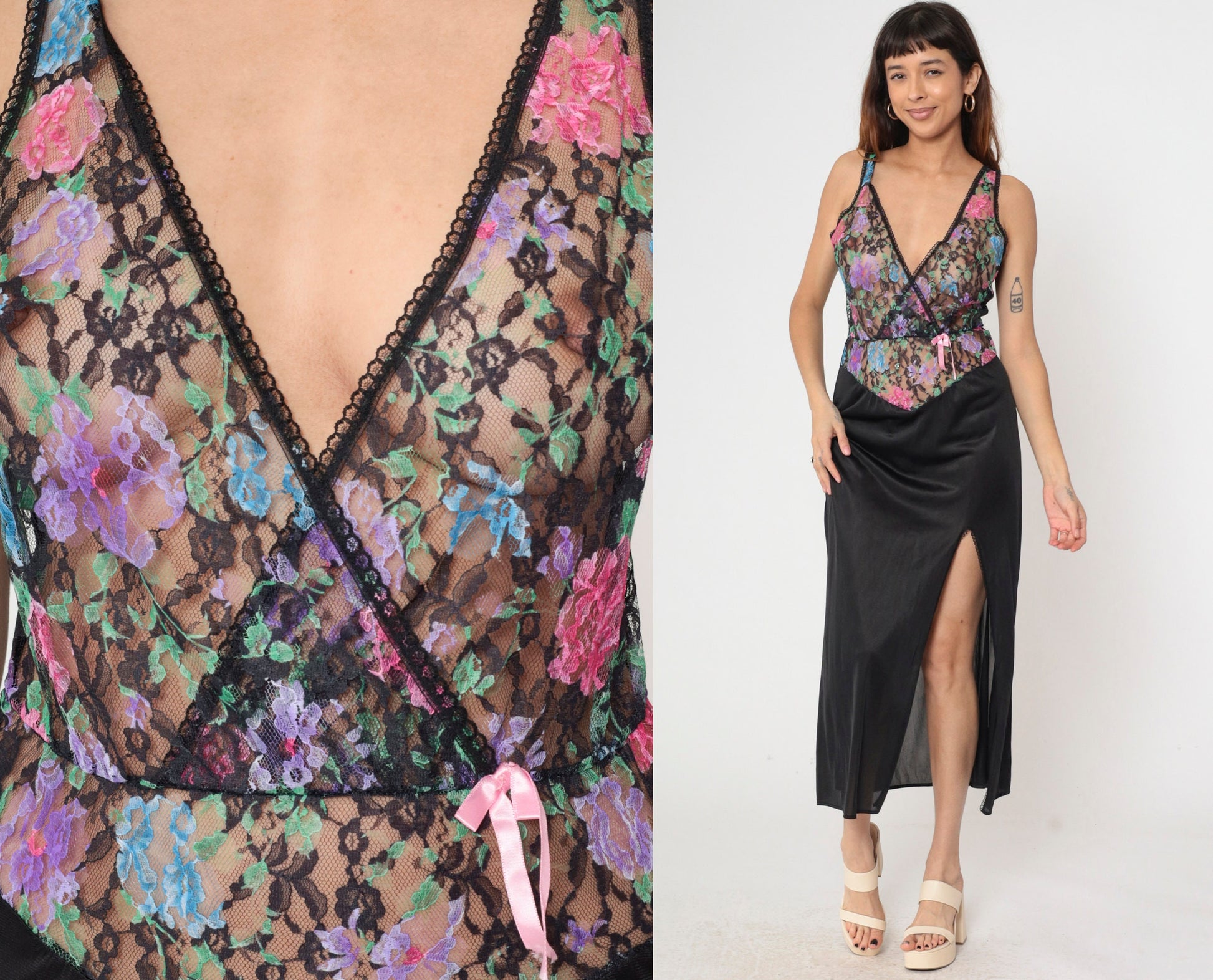 80s Floral Lace Black Maxi Slip Dress Deep V Neck Side Slit Nightgown Small