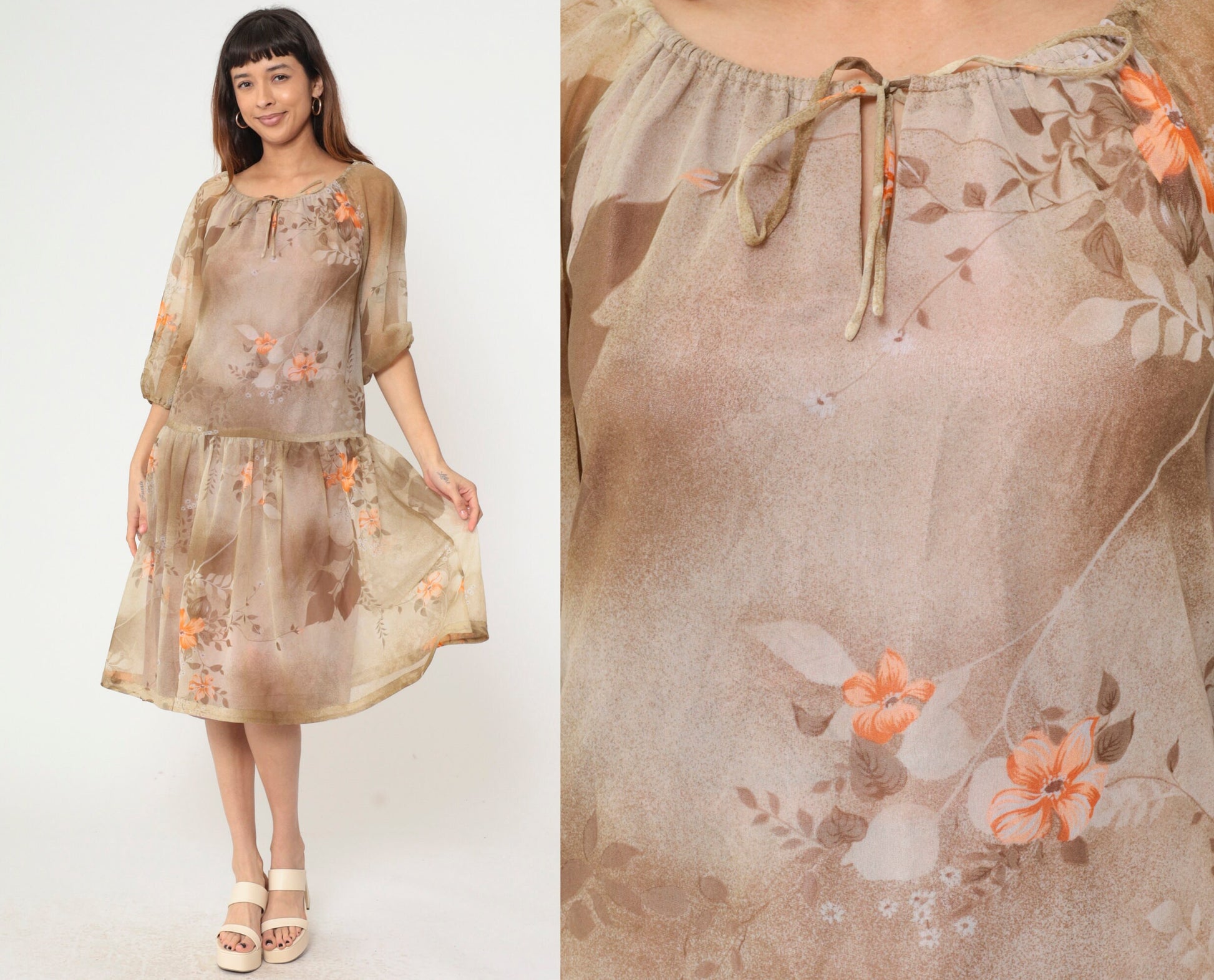 70s Brown Floral Midi Dress Keyhole Bow Neckline Drop Waist Medium