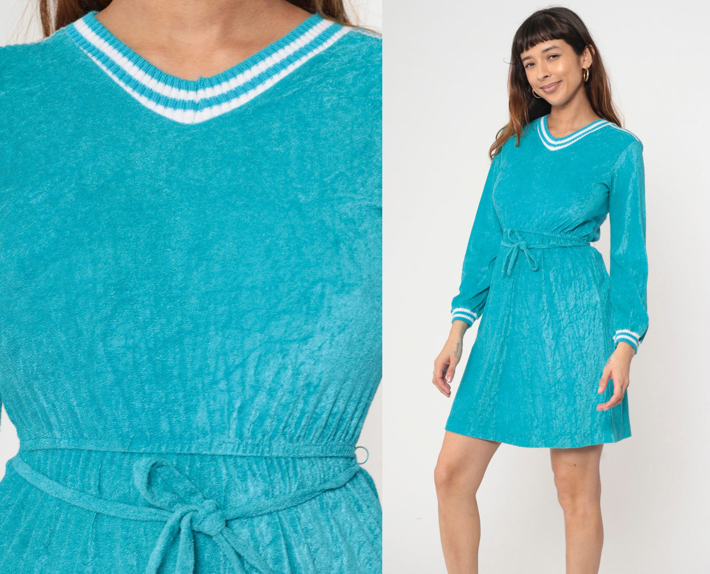 70s Turquoise Terry Cloth Mini Dress V-Neck Long Sleeve Elastic Waist Extra Small
