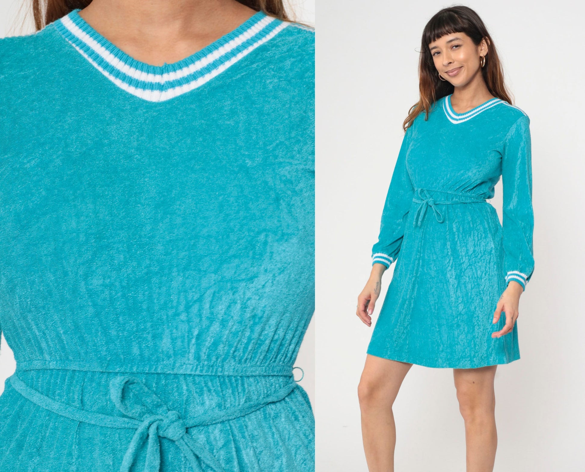 70s Turquoise Terry Cloth Mini Dress V-Neck Long Sleeve Elastic Waist Extra Small