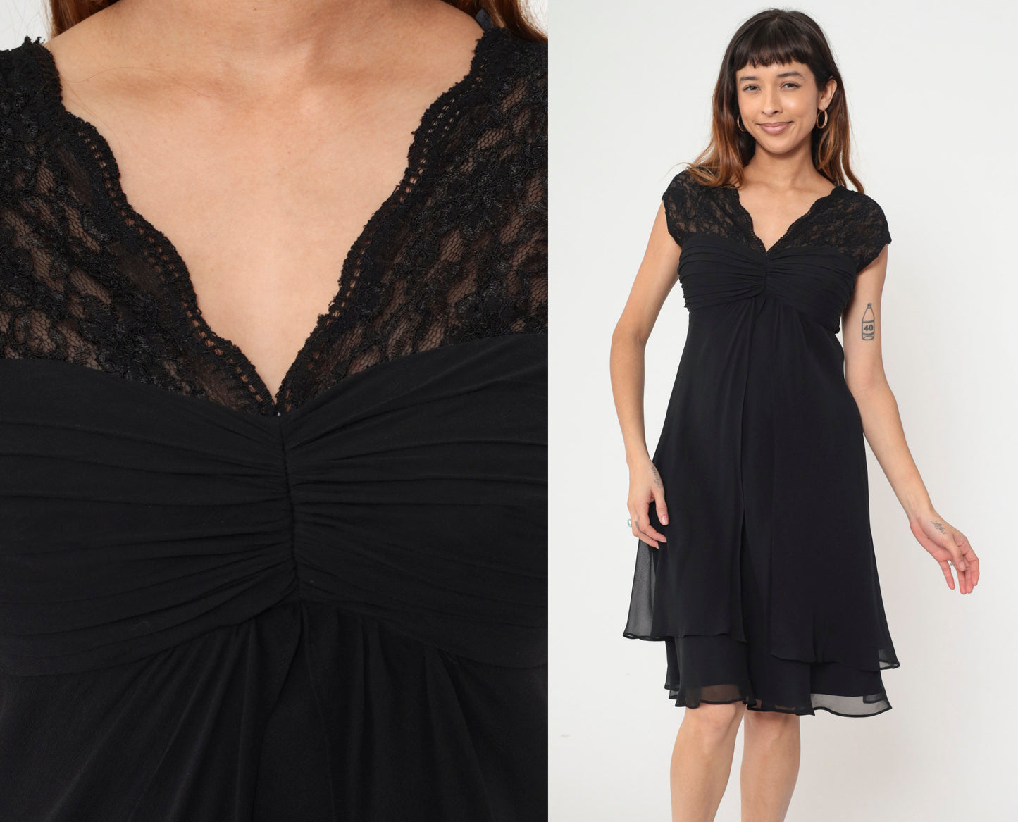 90s Donna Ricco Black Lace Silk Dress V-Neck Cap Sleeves Midi Small