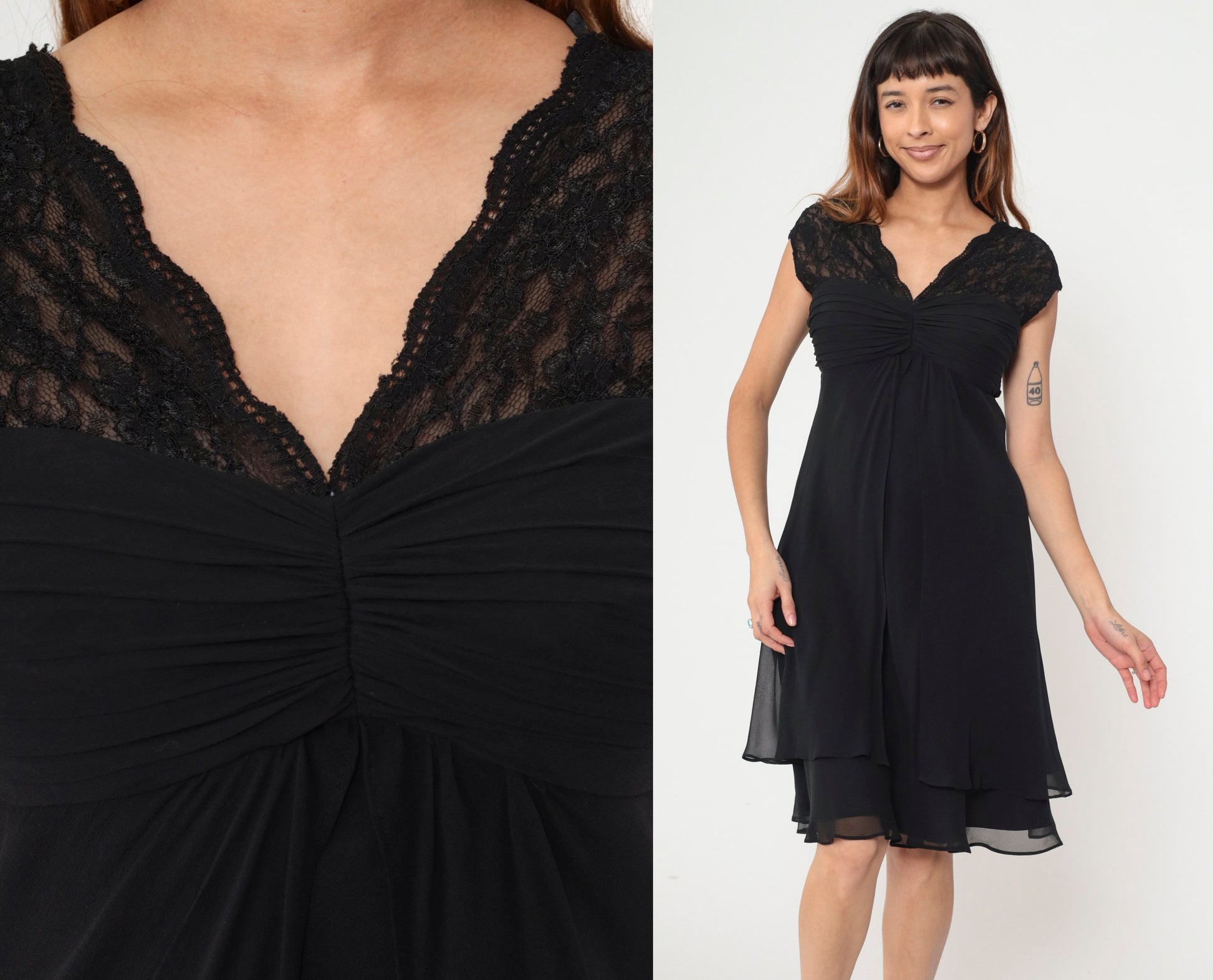 90s Donna Ricco Black Lace Silk Dress V-Neck Cap Sleeves Midi Small