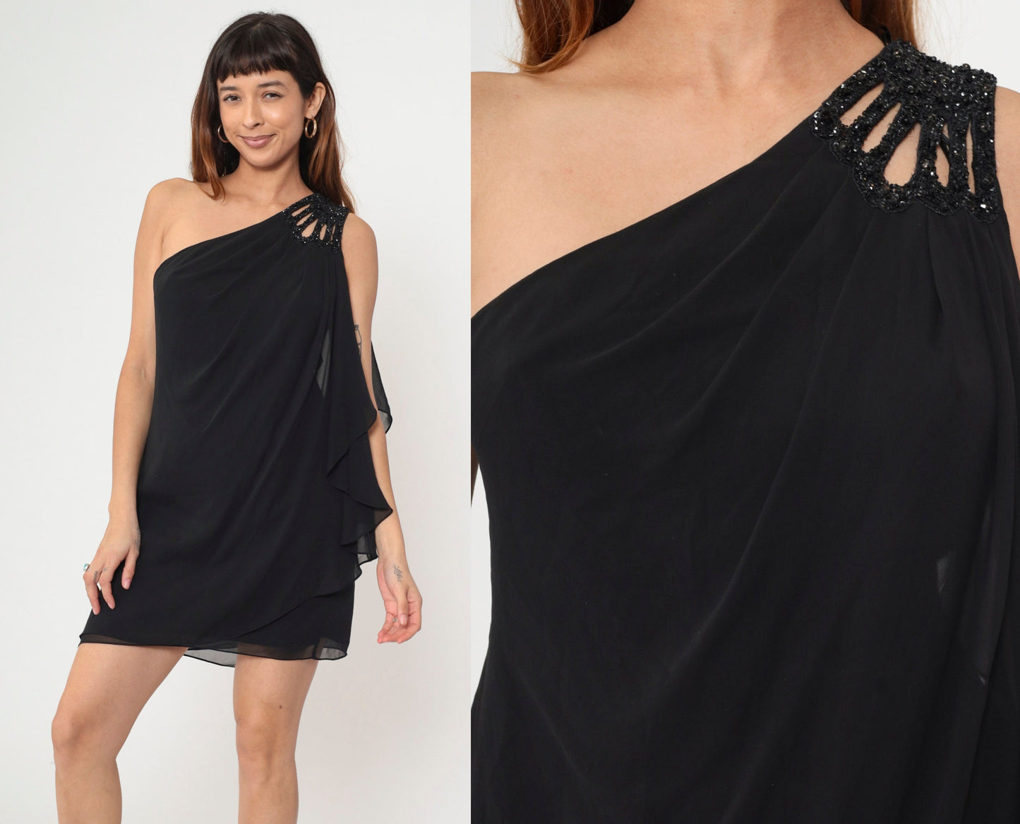 Y2K Black One-Shoulder Beaded Sequin Mini Dress JS Boutique Medium 8