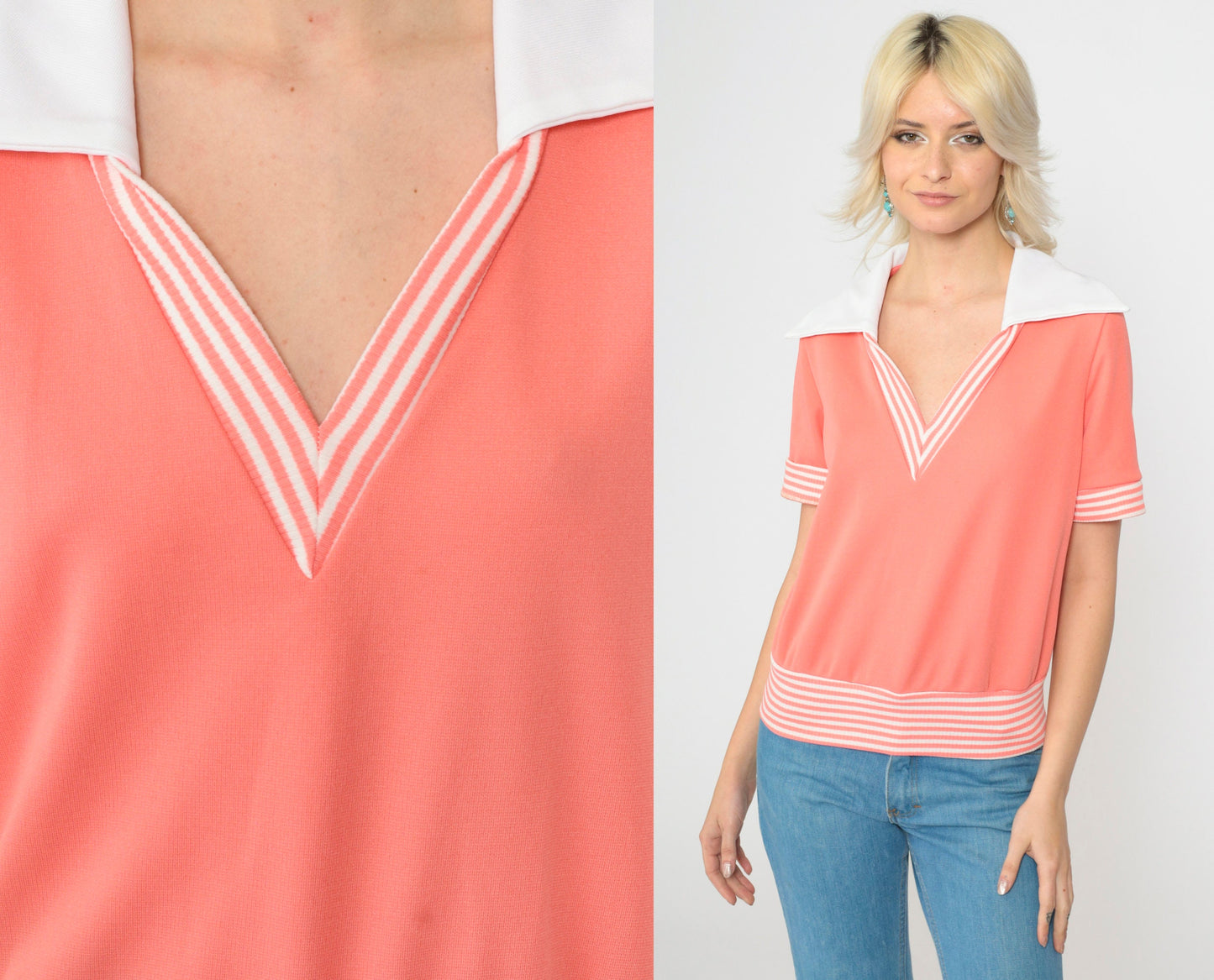 70s Coral Pink V-Neck Blouse White Collar Short Sleeve Small