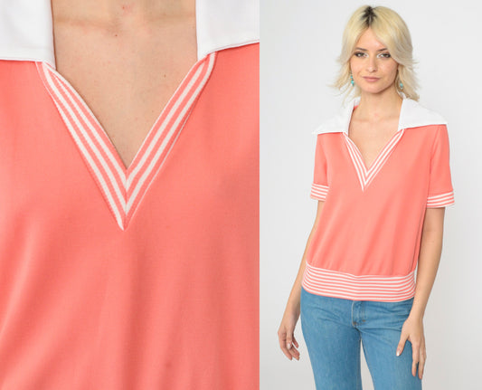 70s Coral Pink V-Neck Blouse White Collar Short Sleeve Small