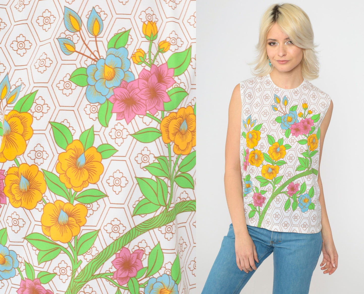 70s White Floral Tank Top Geometric Flower Print Sleeveless Blouse Medium