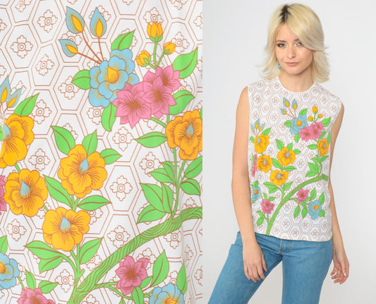 70s White Floral Tank Top Geometric Flower Print Sleeveless Blouse Medium