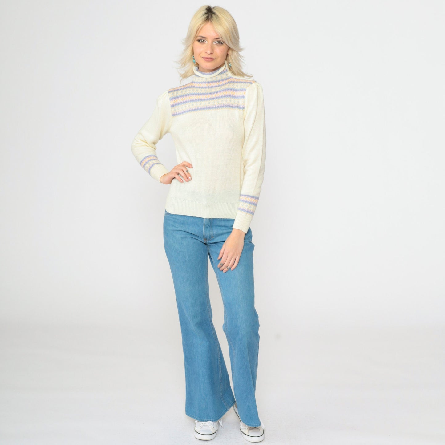 80s Fair Isle Sweater Ivory Puff Sleeve High Neck Knit Pullover Extra Small