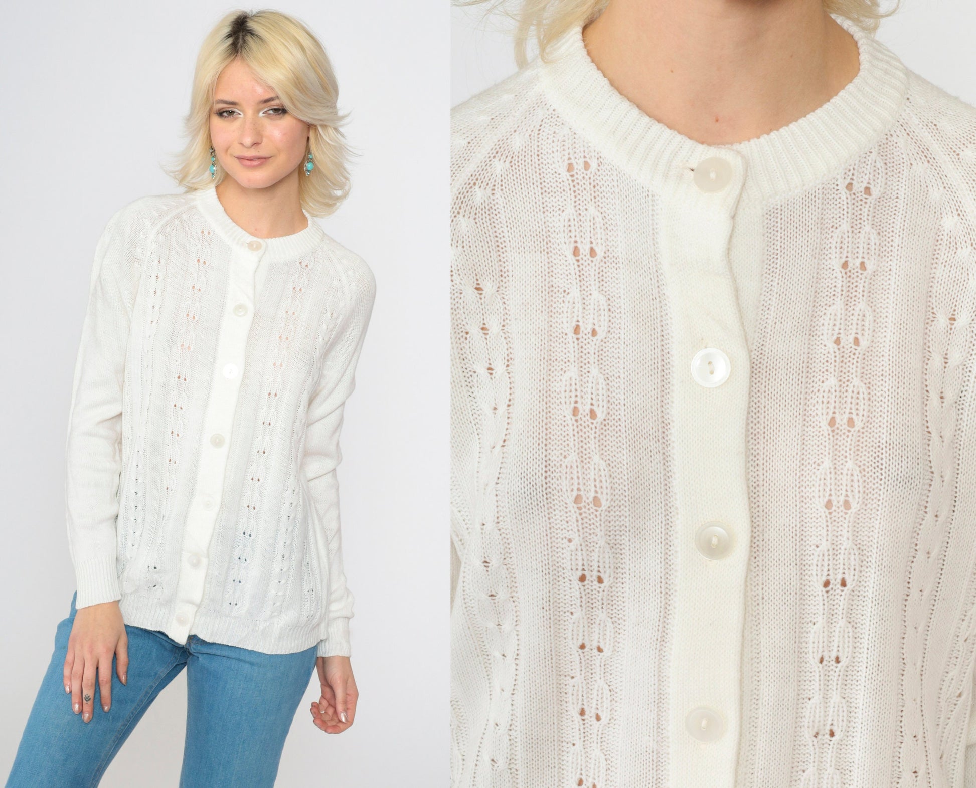 70s White Pointelle Cardigan Open Weave Knit Button Up Raglan Medium