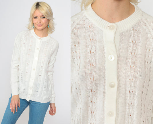 70s White Pointelle Cardigan Open Weave Knit Button Up Raglan Medium