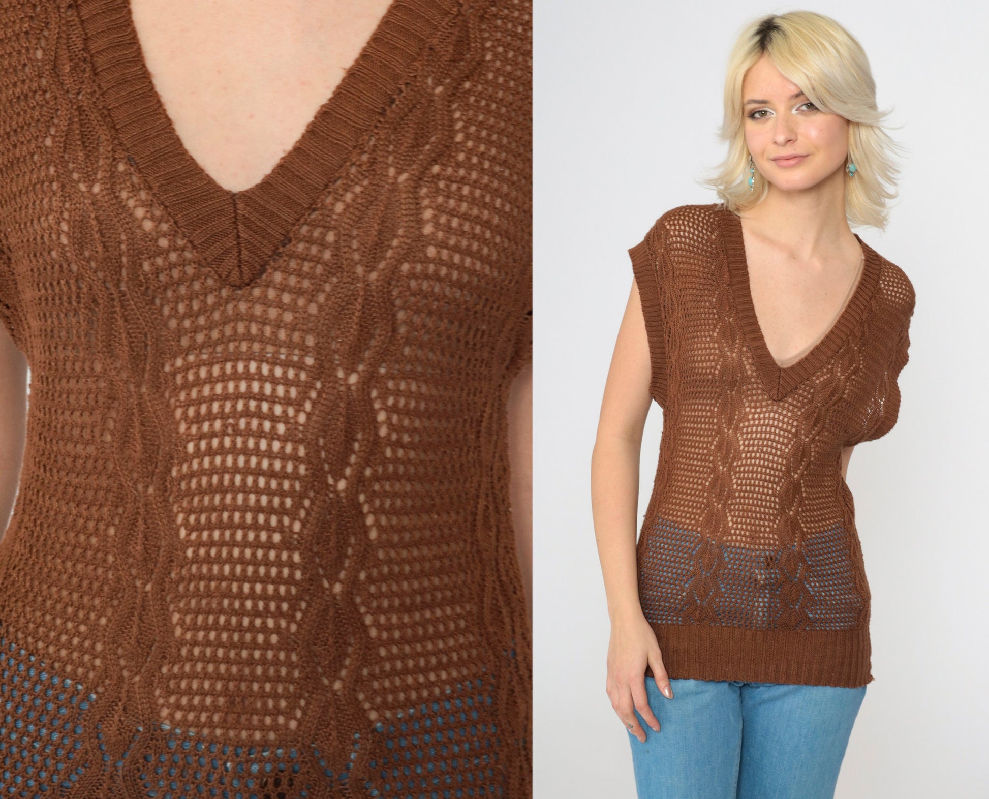 80s Brown Sheer Knit Sweater Vest V-Neck Cap Sleeve Extra Small
