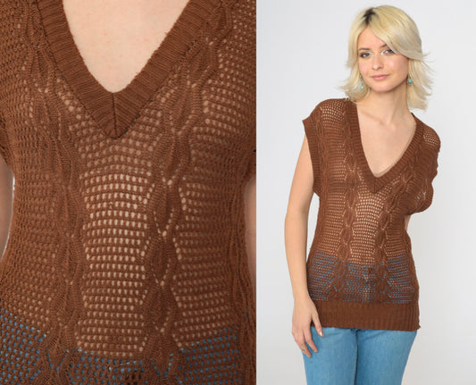 80s Brown Sheer Knit Sweater Vest V-Neck Cap Sleeve Extra Small