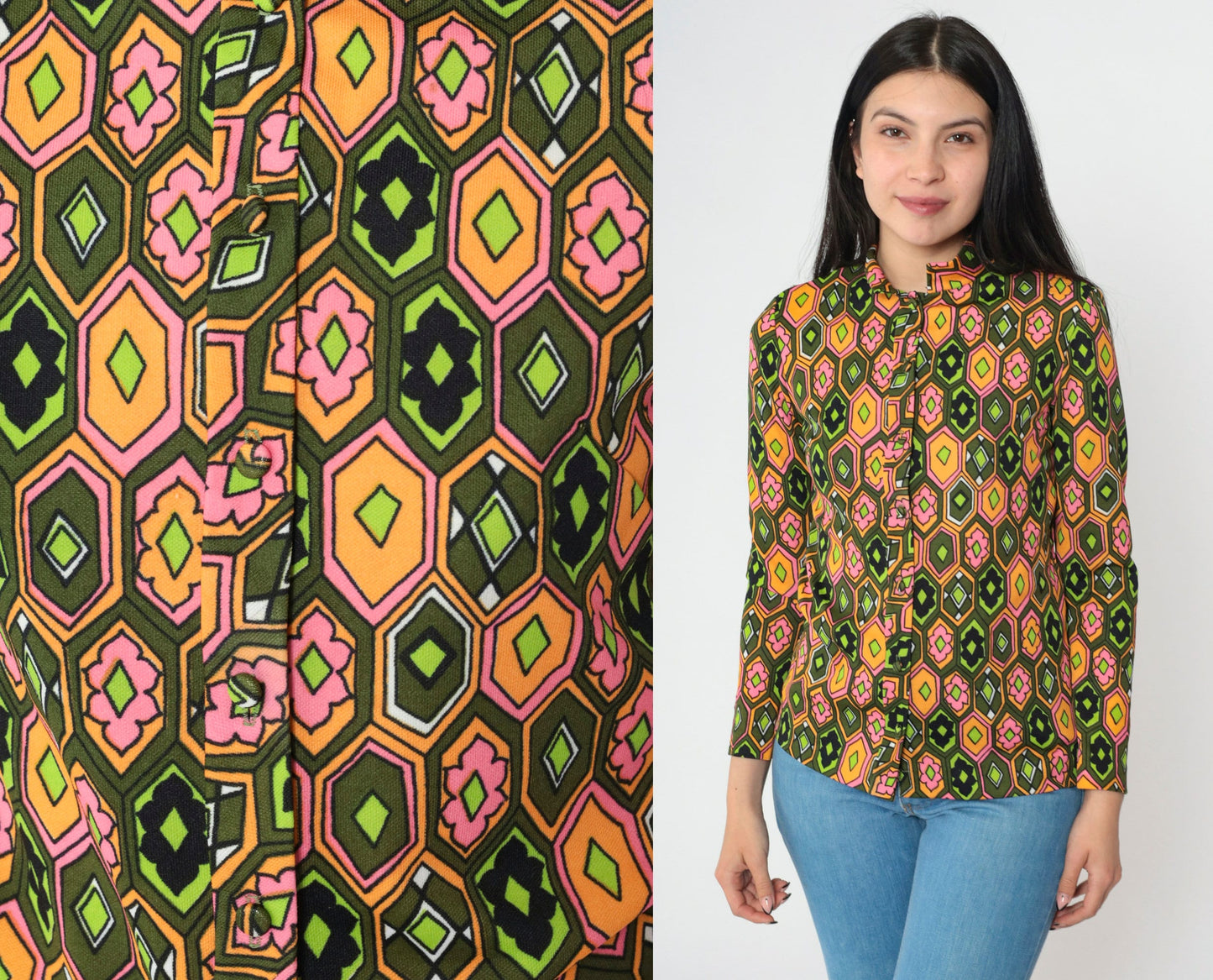 70s Psychedelic Floral Blouse Mandarin Collar Olive Green Pink Orange Small