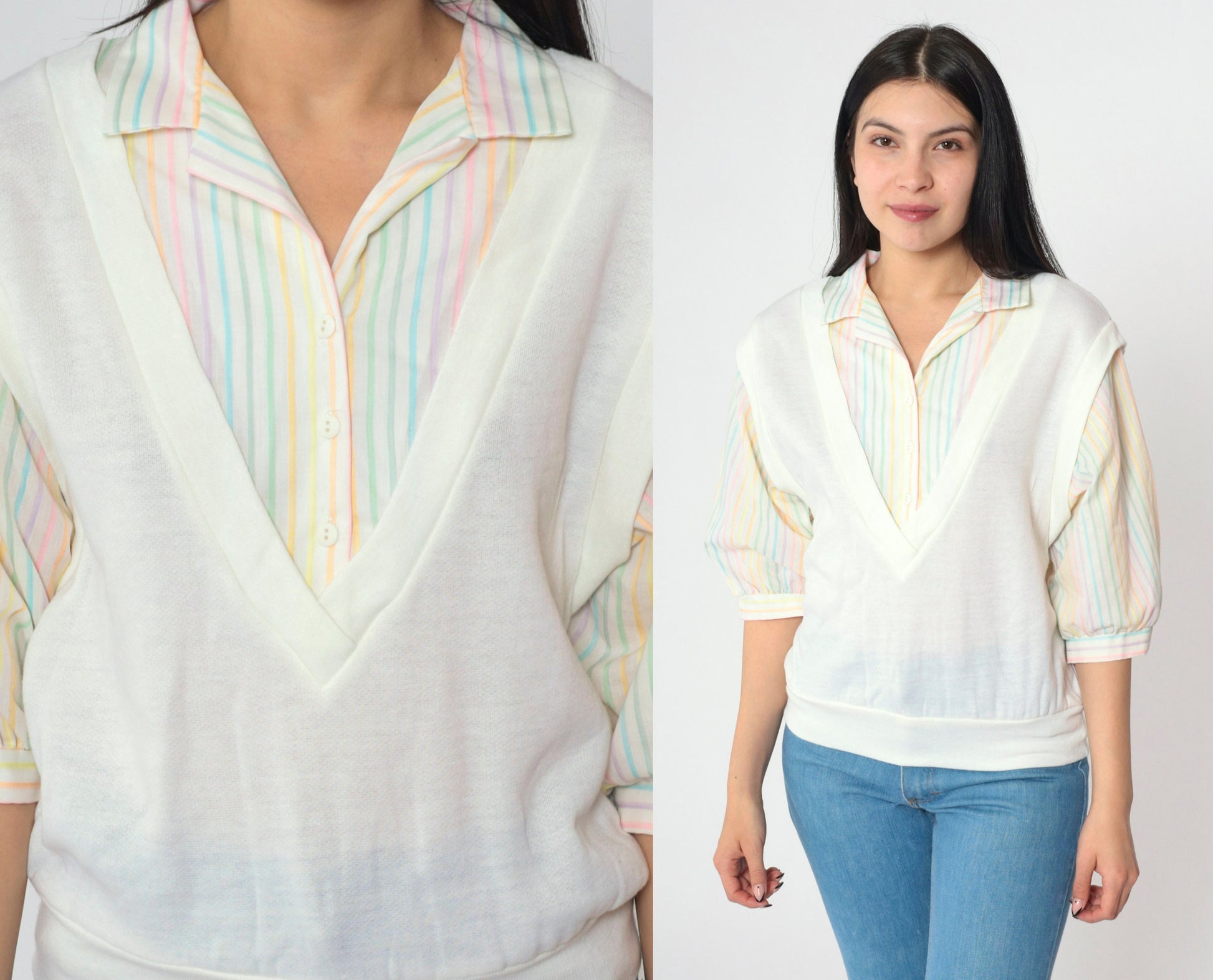 80s Rainbow Striped White Button-Up Blouse with Attached Vest 3/4 Sleeve Medium