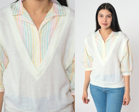 80s Rainbow Striped White Button-Up Blouse with Attached Vest 3/4 Sleeve Medium