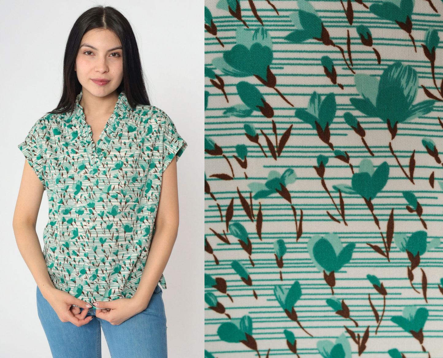 70s Graff Floral Striped Blouse Green Cap Sleeve V Neck Ruffled Small