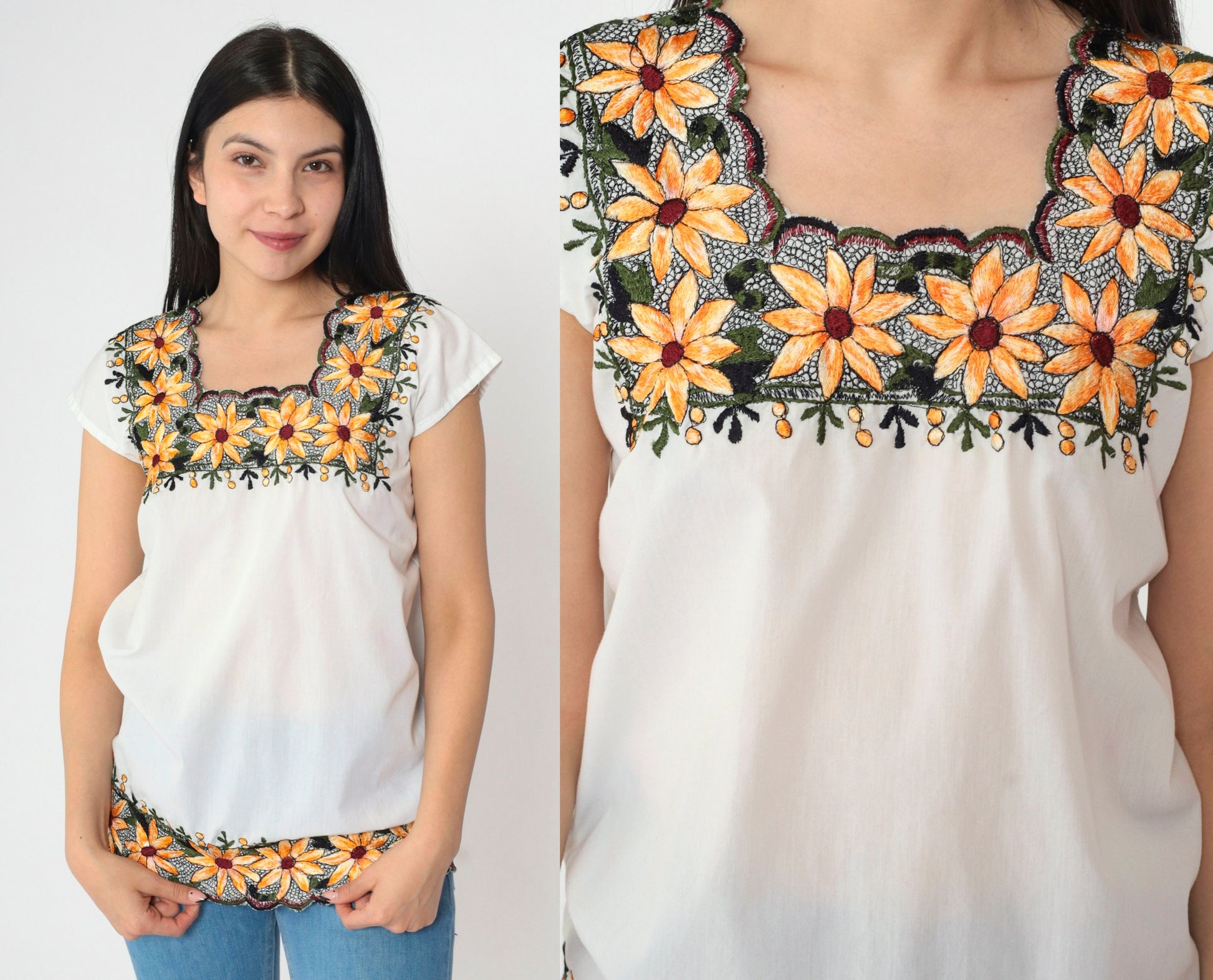 90s White Floral Embroidered Blouse Scalloped Edges Short Sleeve Small