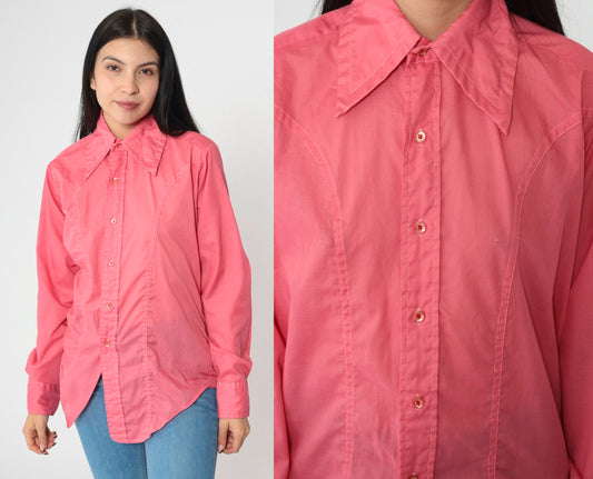 70s Cambridge Pink Dagger Collar Button-Up Shirt Long Sleeve Small