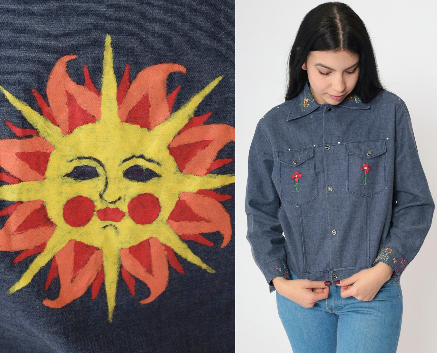 70s Chambray Jacket Floral Embroidered Hand Painted Sun Denim Trucker Small