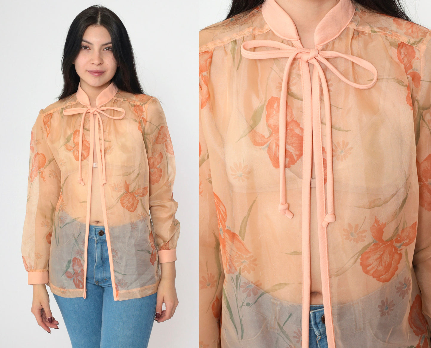 70s Sheer Floral Open Front Jacket Orange Tie Neck Medium