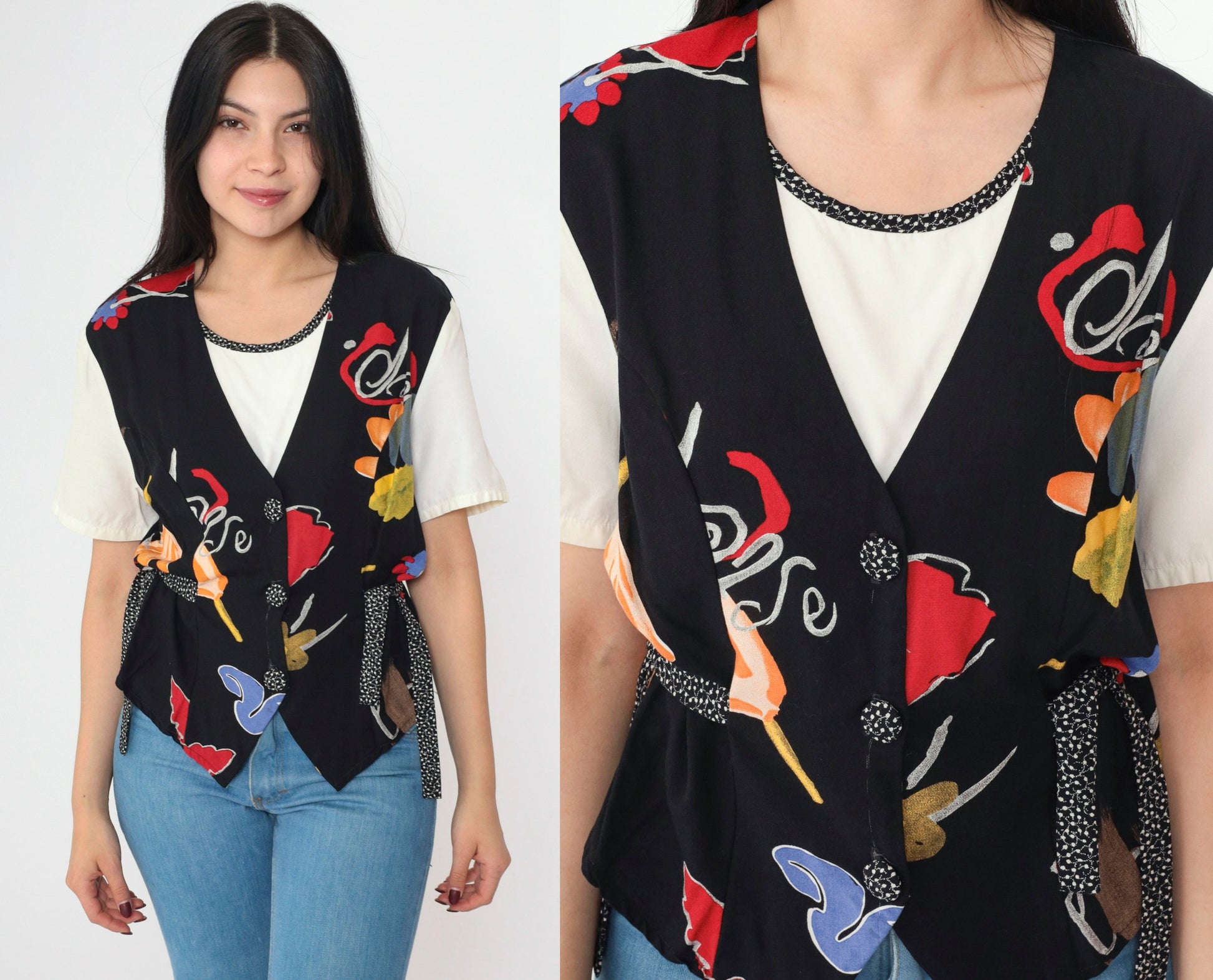 90s Kathie Lee Abstract Floral Button-Up Blouse with Attached Vest White Black Medium