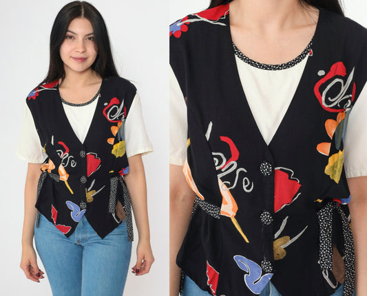 90s Kathie Lee Abstract Floral Button-Up Blouse with Attached Vest White Black Medium