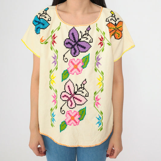 90s Cream Floral Embroidered Blouse Butterfly Cross Stitch Scoop Neck Medium