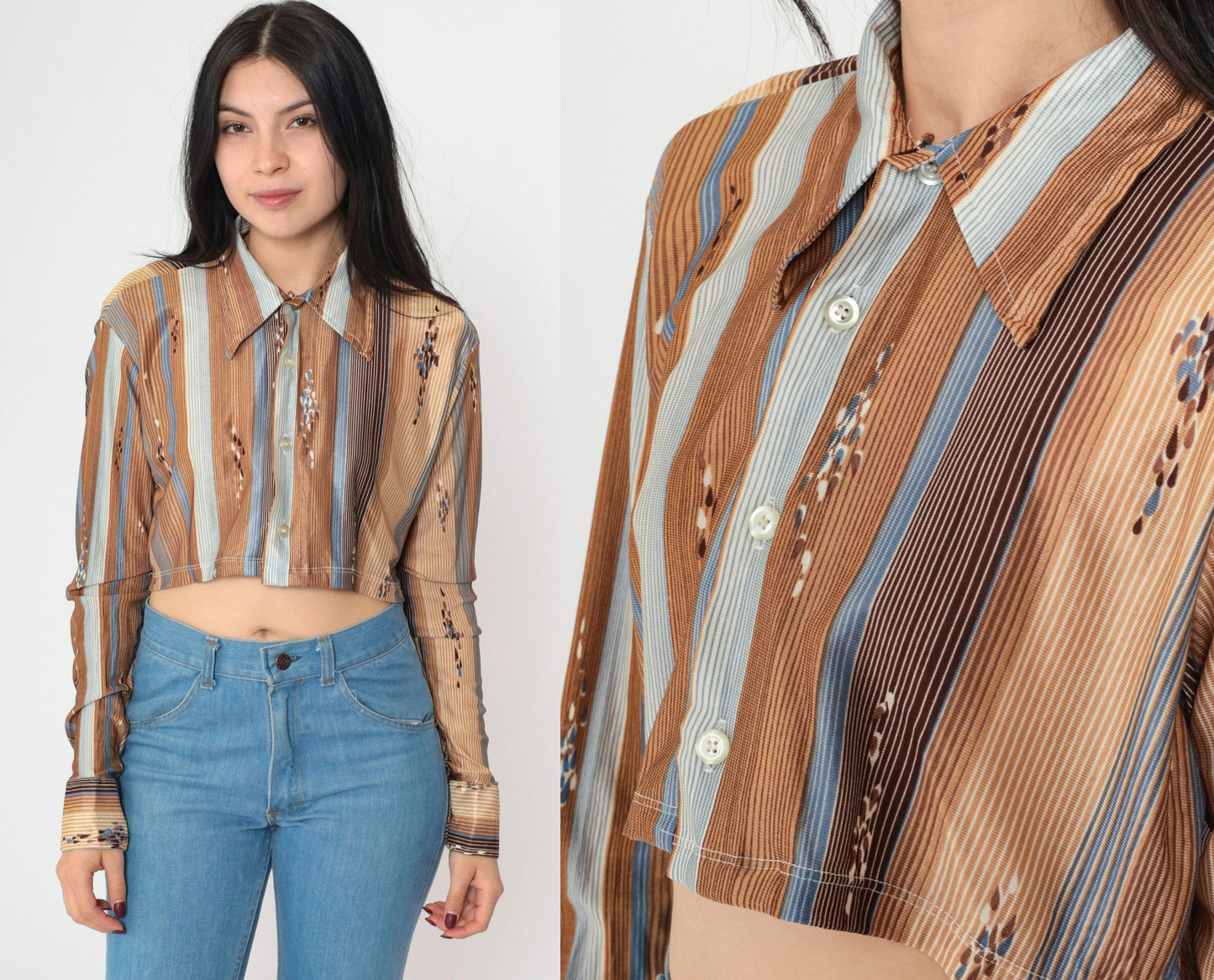 70s Striped Raindrop Print Crop Blouse Button-Up Long Sleeve Brown Green Small