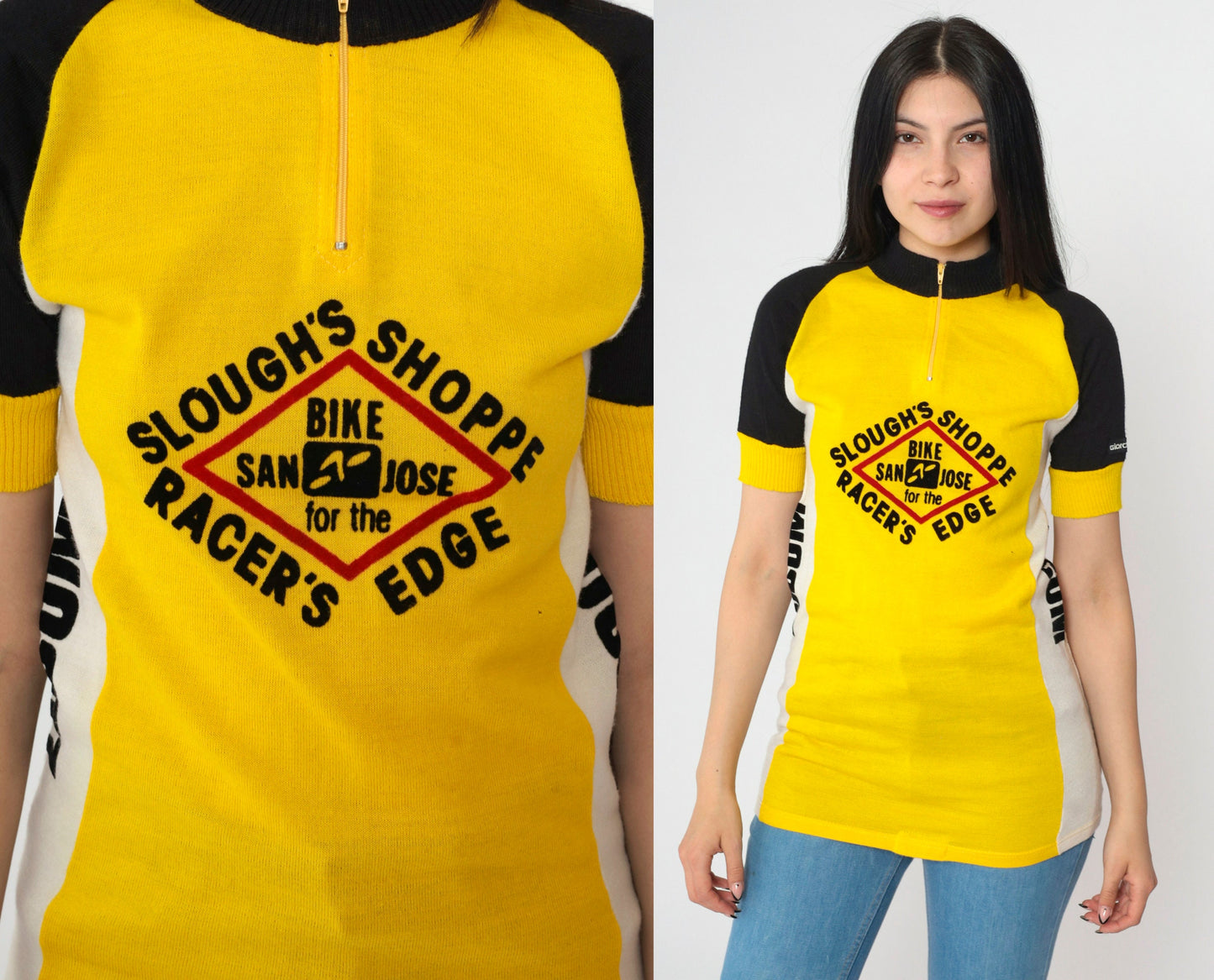 80s Giordana Sport Cycling Jersey Yellow Black Wool Blend Half-Zip Small