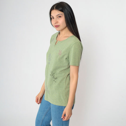 Y2K Leaf Embroidered T-Shirt Green Split Neck Short Sleeve Small S