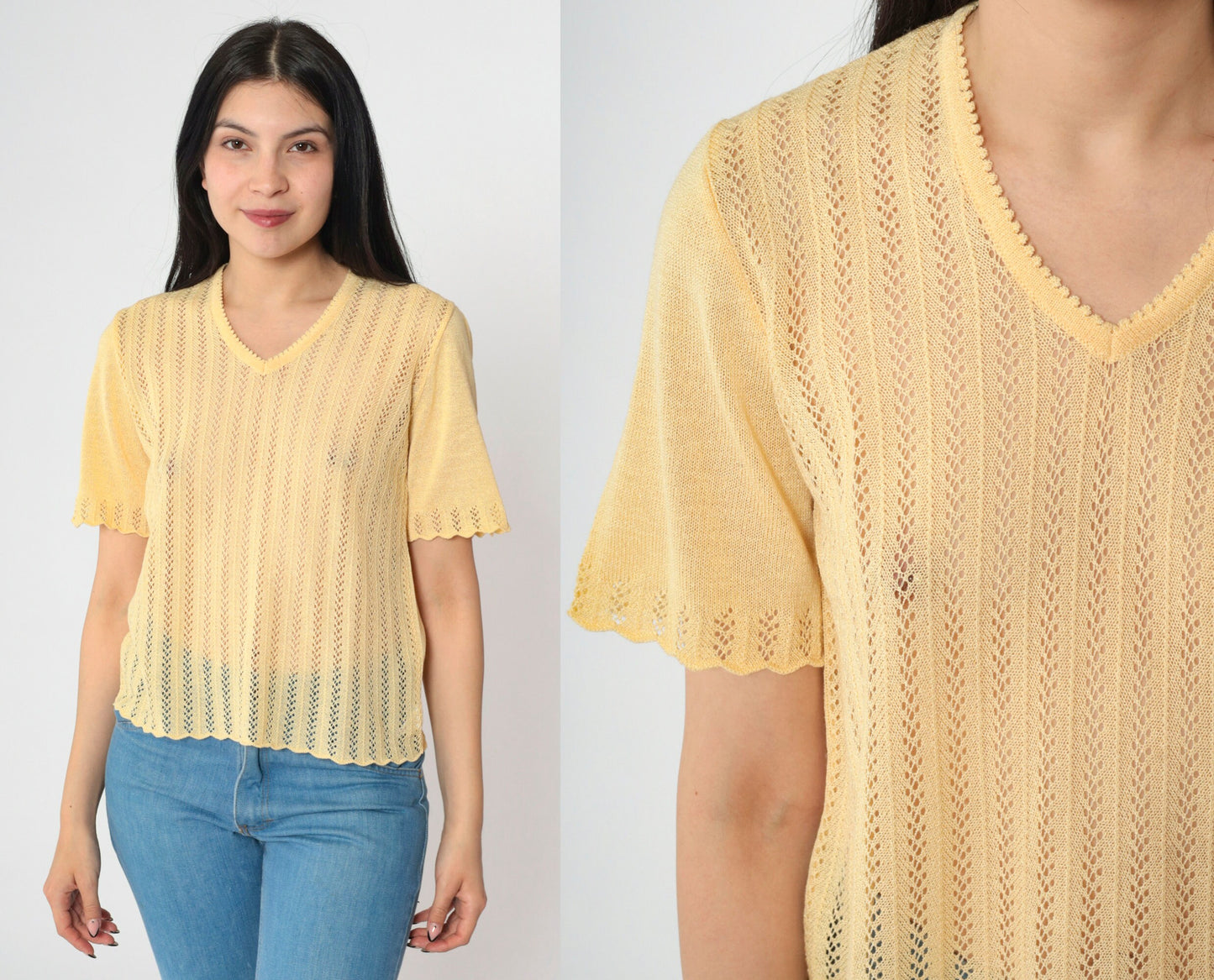 80s Yellow Open Weave Knit Sweater Top V-Neck Short Sleeve Small