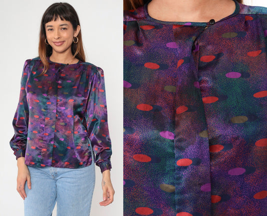 80s Polka Dot Puff Sleeve Button-Up Blouse Multicolor Polyester Small