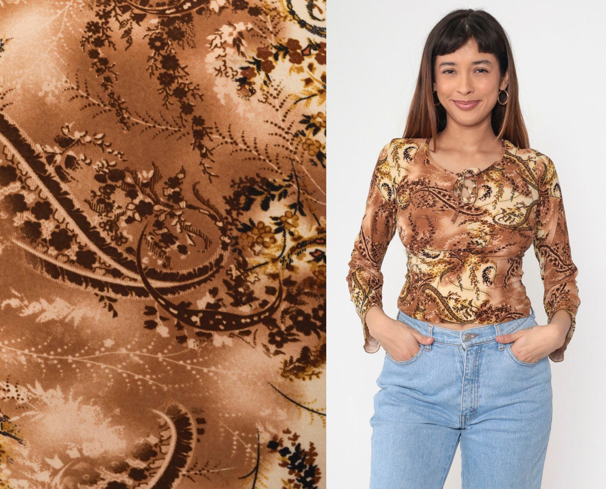 Y2K Paisley Keyhole Blouse Scoop Neck Bell Sleeve Brown Small
