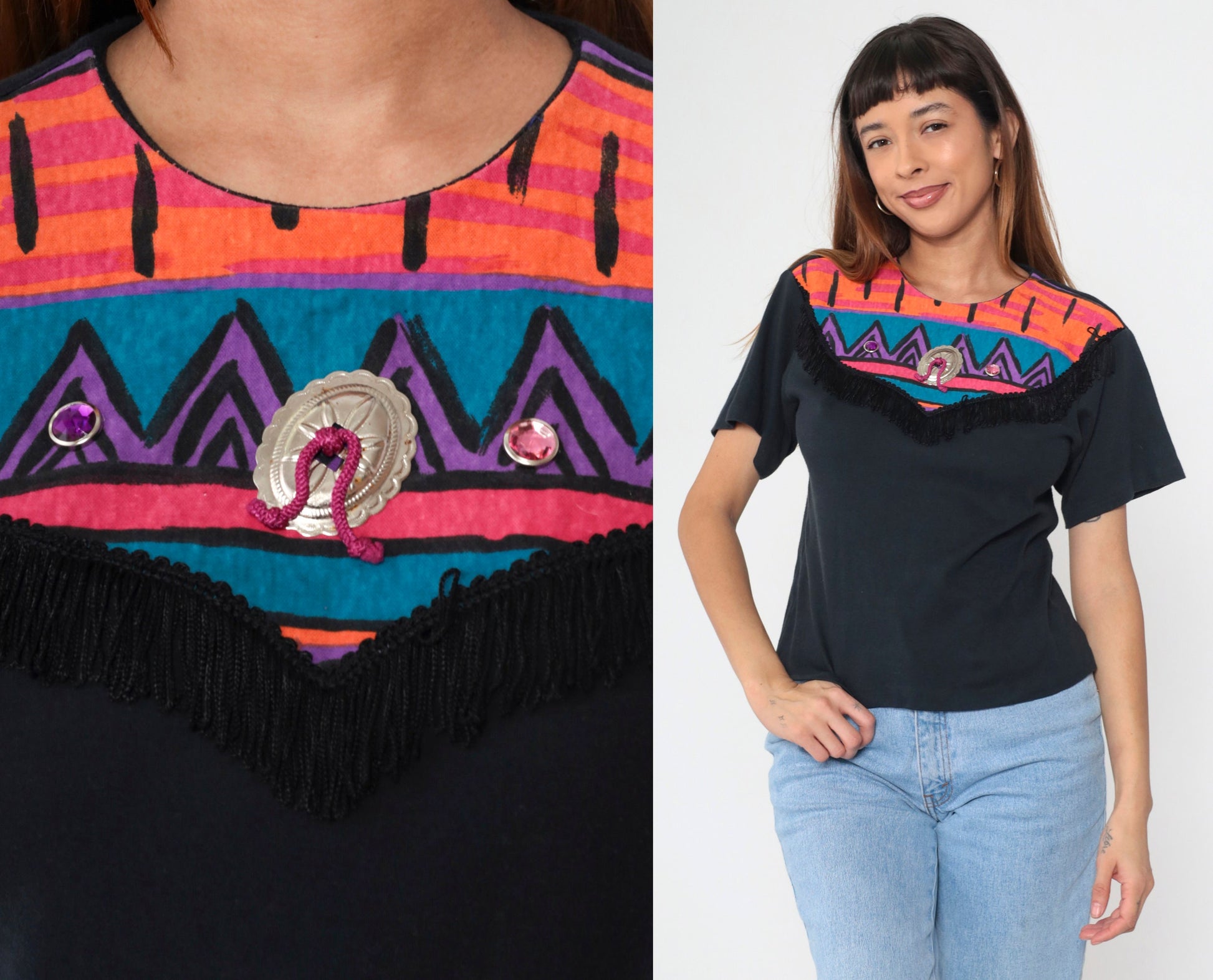 90s Southwest Fringe T-Shirt Black Rhinestone Yoke Small