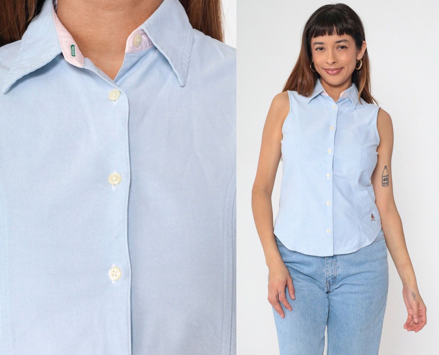 Tommy Hilfiger Y2K Light Blue Sleeveless Button-Up Blouse Small 4
