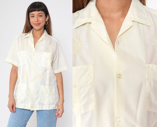 70s Don G of California Yellow Embroidered Pintuck Button-Up Shirt Men's Medium