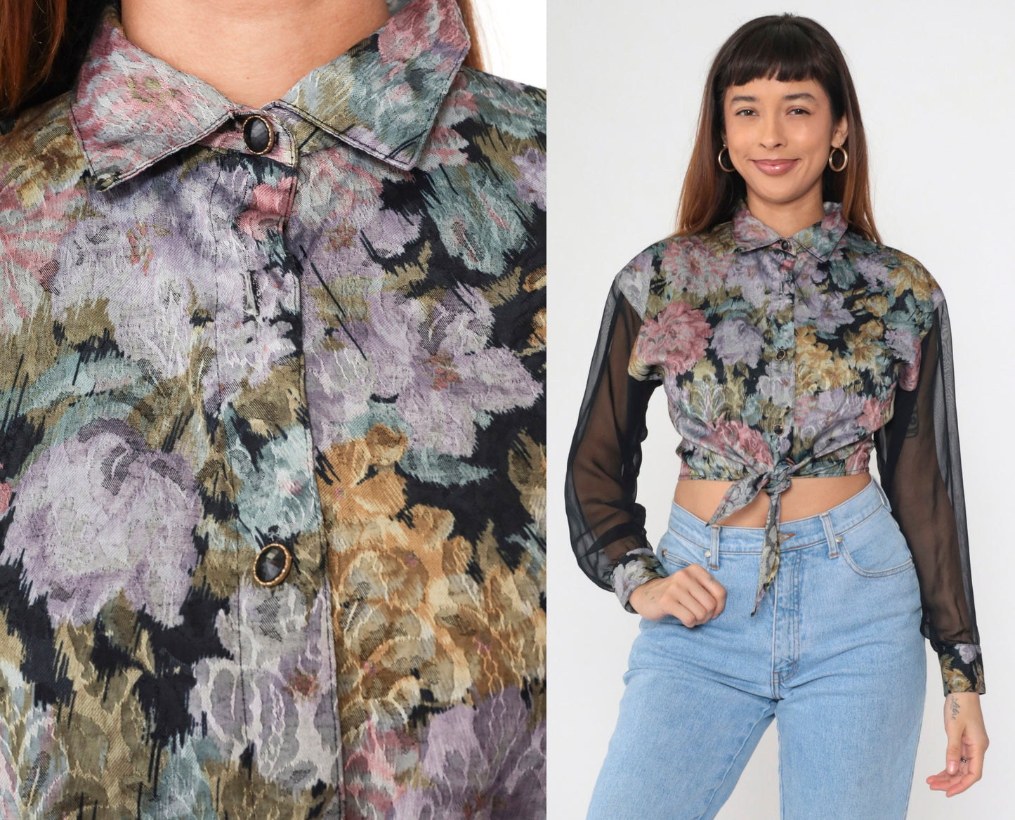 90s Floral Crop Top Button Up Blouse Sheer Chiffon Sleeves Small