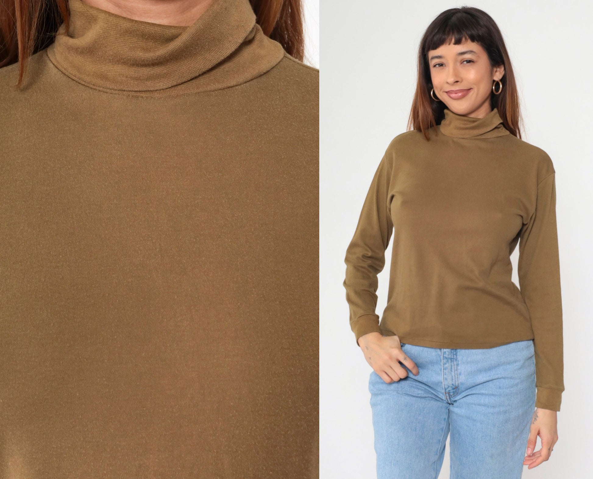 90s Brown Turtleneck Long Sleeve Shirt Cotton Blend Medium