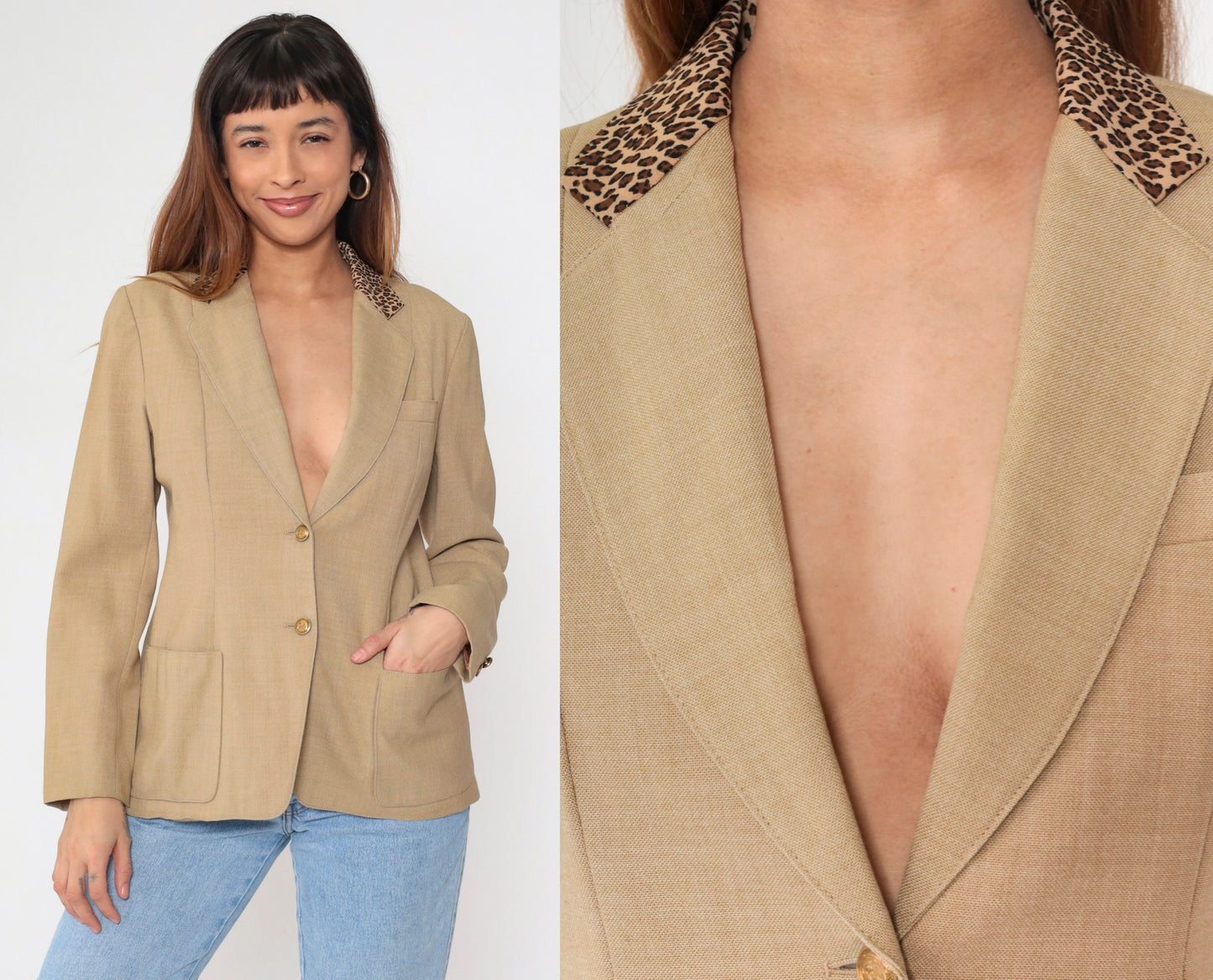 90s Tan Blazer Leopard Print Collar Deep V Neck Princess Seam Small S