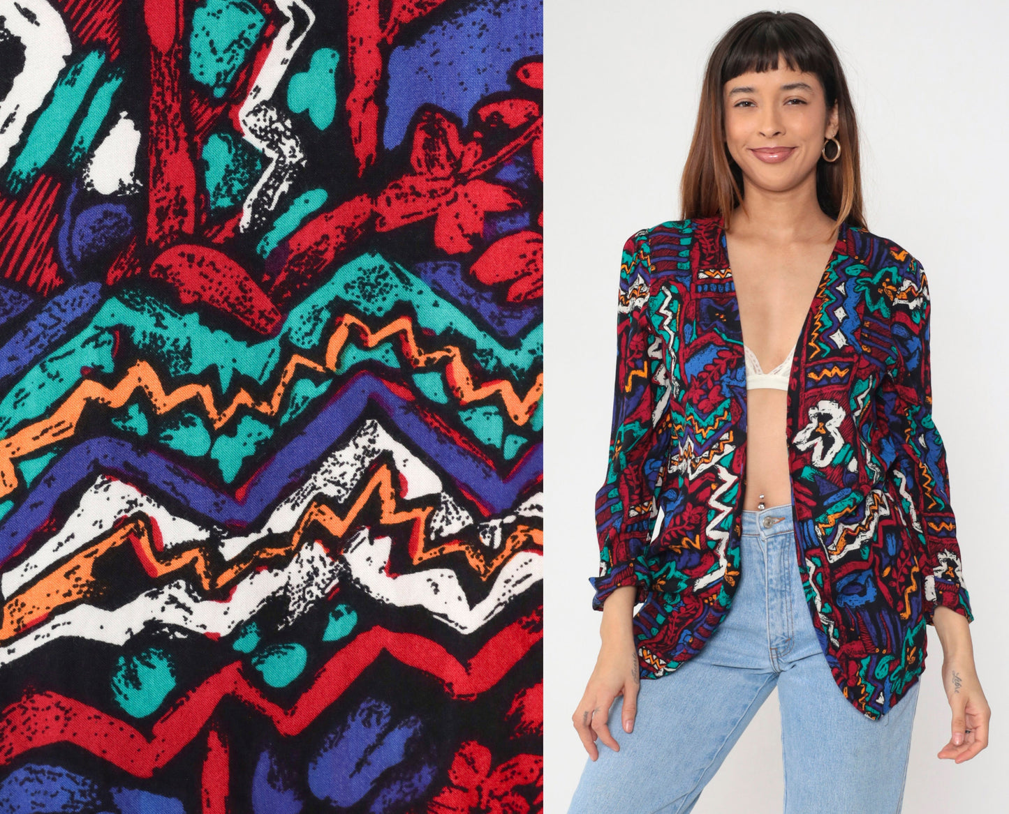 90s Abstract Geometric Floral Blazer Jacket Red Blue Open Front Puff Sleeve Medium Petite