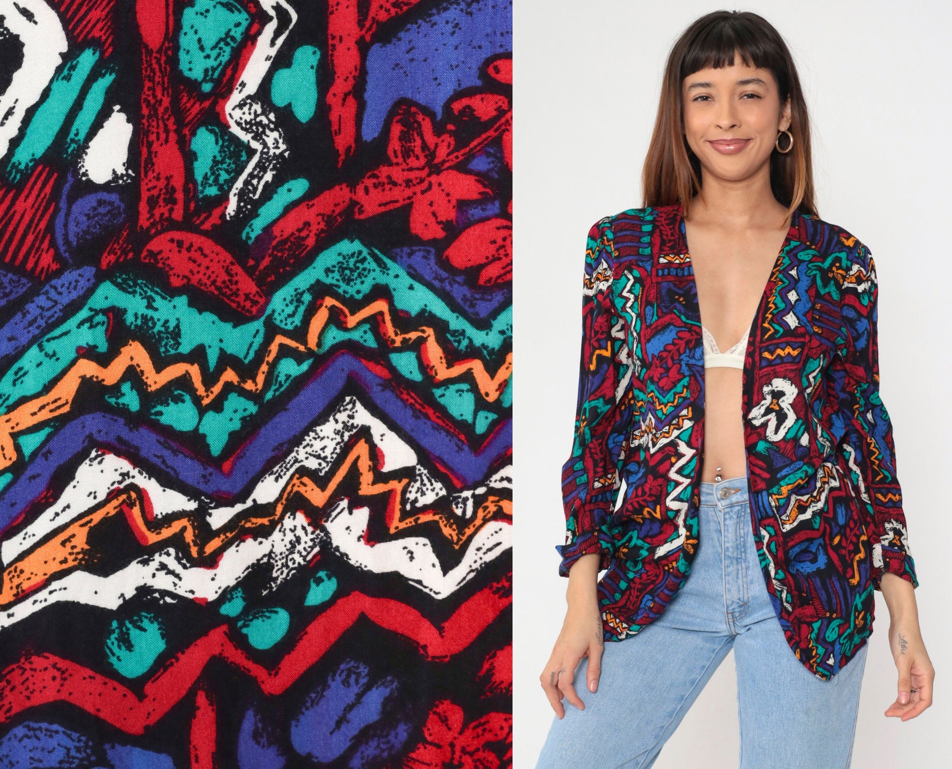 90s Abstract Geometric Floral Blazer Jacket Red Blue Open Front Puff Sleeve Medium Petite