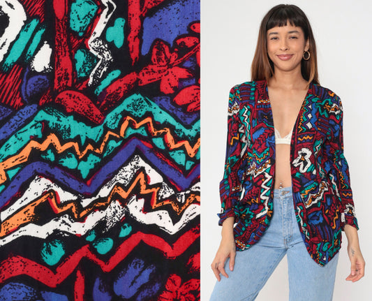 90s Abstract Geometric Floral Blazer Jacket Red Blue Open Front Puff Sleeve Medium Petite