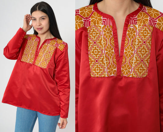 70s Red Satin Tunic Top Floral Embroidered Yoke Long Sleeve Small